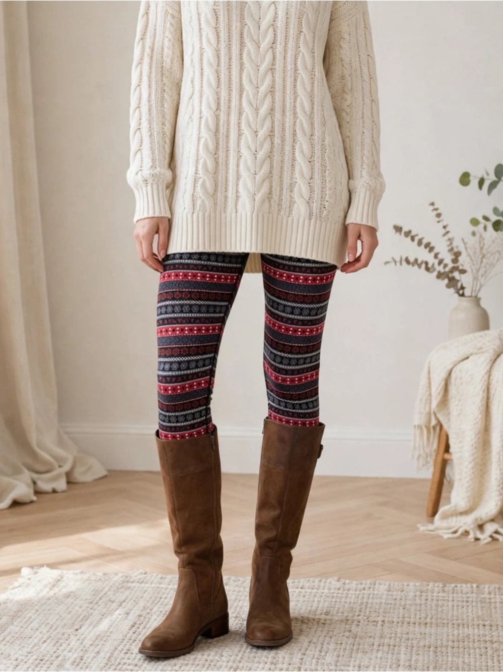 Kyodan Fair Isle Leggings M Red Black Nordic Print Stretch Full Length